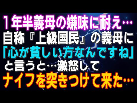 【スカッとする話】1年半義母の嫌味に耐え…自称『上級国民』の義母に「心が貧しい方なんですね」と言うと激怒してナイフを突きつけて来た…結果