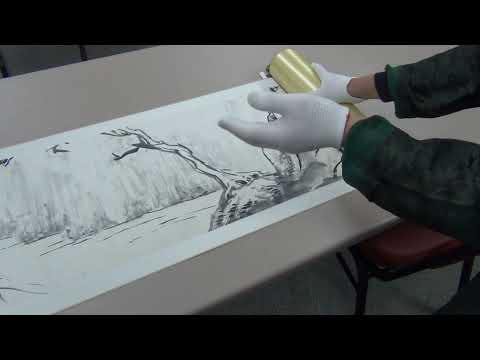 Showing my dry-mounted handscroll after Bada Shanren's Flowers on a River in my class at Joslyn Ctr