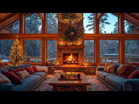 Cozy Fireplace Burning in Warm Christmas Room Ambience 🎁 Soft Christmas Jazz Music 2025 for Unwind 🎄