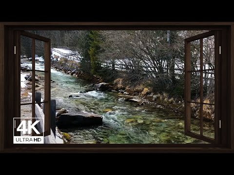 4K Snowy River Winter Landscape window view - Flowing Water, Relaxing, Calming, Ambience, (ASMR)