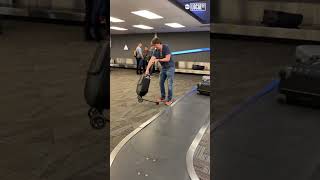 Man rides scooter luggage. #travel #airport #adventure