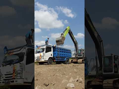 zoomlion excavator loading dirt on a elf dumper truck