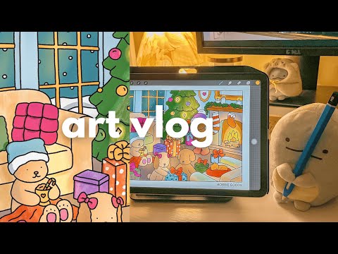 art vlog 🎄 cozy & relaxing digital coloring session, bobbie goods | with fire crackling sounds 🎧