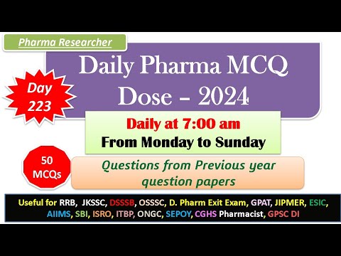 Day 223 Daily Pharma MCQ Dose Series 2024 II 50 MCQs II #exitexam #pharmacist #druginspector #dsssb