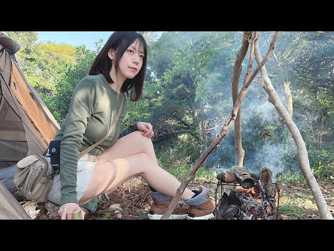 Wild camping with just 3 gear, Trying again with bushcraft, Japanese camping girl