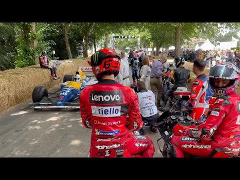 Sebastian Vettel in '92 Williams FW14B drives past Pecco Bagnaia and Enea Bastianini at Goodwood FoS