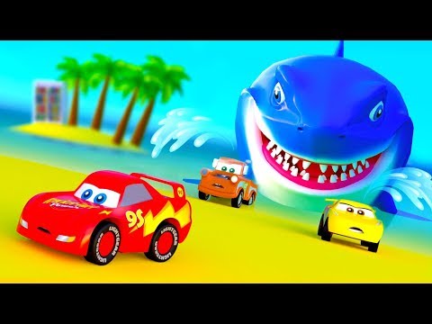 Huge Shark Little Cars Stories with Shark Song, New Video with Mcqueen Friends