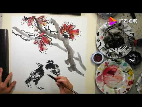 红叶小创作画，再添2个八哥鸟國畫书画教学视频Chinese painting teaching