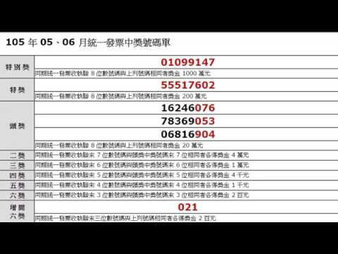 105年5月份、6月份統一發票中獎號碼單（開獎對獎號碼2016）。