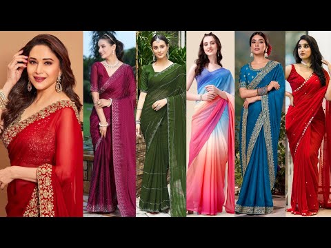 Latest georgette saree collection/Stylish georgette sarees for parties/Georgette saree blouse design