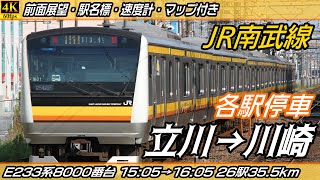 【4K60fps前面展望】JR南武線 E233系8000番台 前面展望 立川→川崎【駅名標&速度計付き前面展望】