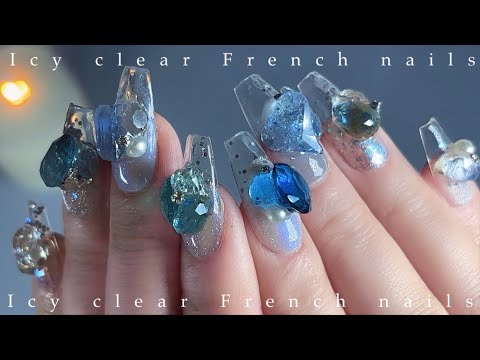 Clear French with the brilliance of icy transparent jewels ✨/ASMR/nail/gel nails/how to/sleep/k nail