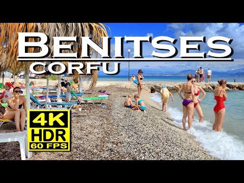 Benitses Beach Corfu Greece , Beach Walk in 4K 60fps HDR UHD 💖 The best places 👀 Walking tour