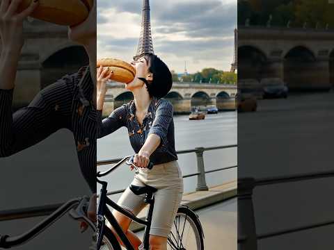 Onee-san Rides Along the Seine with a Baguette! #shorts #Oneesan #Paris #Baguette