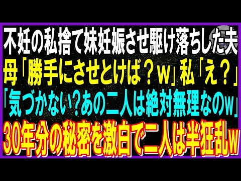 【スカッと話】不妊の私捨て妹を妊娠させ駆け落ちした不倫夫…私「離婚届と妹と再婚って…」母「勝手にさせとけば？二人絶対無理w｣➡私は30年気づかなかったあの二人の関係を知って唖然…二人は狂乱ｗ