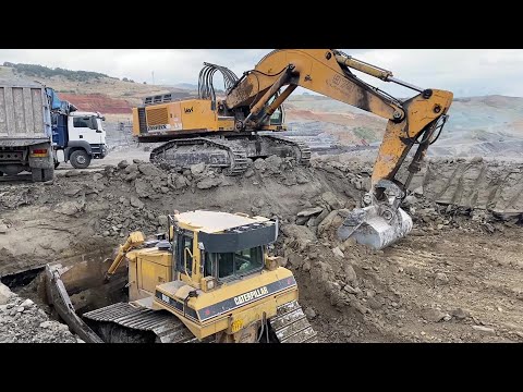 Liebherr 974 Excavator Loading Trucks & Caterpillar D6R Dozer Leveling The Area - Ektor Epe