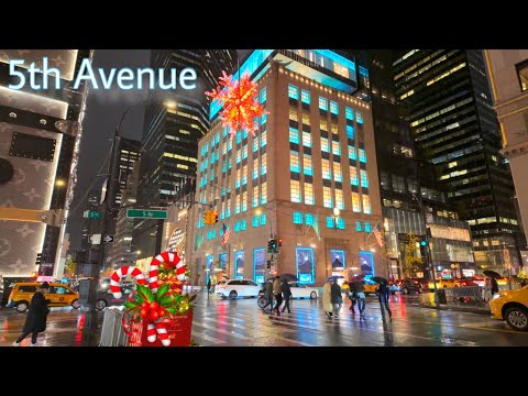 2024 Bergdorf Goodman  Christmas Holiday Windows & 5th Avenue Luxury Stores Decorations Rain Walk