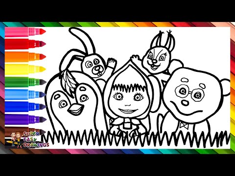 Draw and Color Masha with Her Friends 👧🏼🐼🐧🐰🐿️ Drawings for Kids