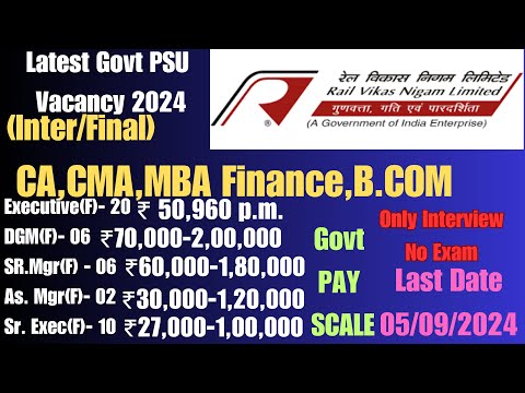 Rail Vikas Nigam Ltd Recruitment 2024 CMA Inter CA Inter CA MBA Finance BCOM Latest Govt PSU Job #yt