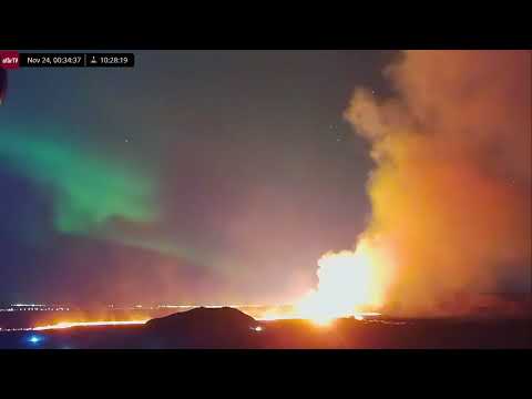 Live:  Volcanic Eruption  and Aurora Borealis Over Iceland