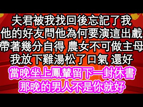 夫君被我找回後忘記了我，他的好友問他為何要演這出戲，帶著幾分自得 農女不可做主母，我放下雞湯松了口氣 還好，當晚坐上鳳輦留下一封休書，那晚的男人不是你就好| #為人處世#生活經驗#情感故事#養老#退休