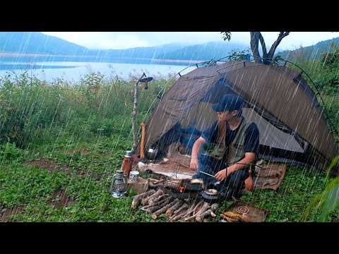 SOLO Camping by Stunning Lake Deep in Mountains, in Rain(Aerogogo)