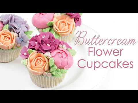 How to Pipe Buttercream Flower Bouquet Cupcakes - Roses, Peonies & Hydrangea Piping Techniques