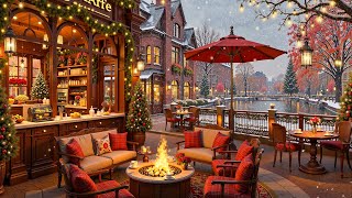 Morning Jazz Music with Warm Crackling Fireplace for Relax ☕ Winter Coffee Shop Ambience & Snowfall