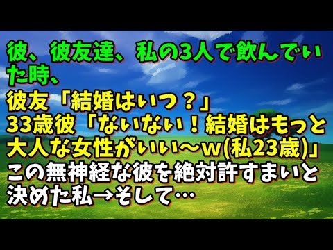 【スカッとひろゆき】彼、彼友達、私の3人で飲んでいた時、彼友「結婚はいつ？」33歳彼「ないない！結婚はもっと大人な女性がいい～ｗ（私23歳）」この無神経な彼を絶対許すまいと決めた私→そして…