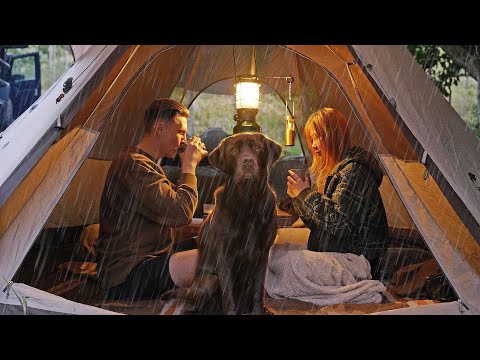 Tipi Tent CAMPING in RAIN with our DOG [ Relaxing, Cosy shelter in Sleepy weather | ASMR ]