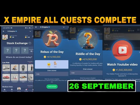 26 September All Quests Code X Empire | Youtube Video Code | Rebus Of The Day | Investment Fund Card