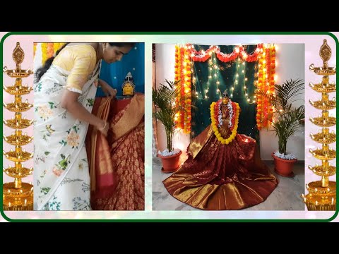 Varalakshmi vratham decoration ideas || varalakshmi vratham backdrop decoration ideas || saree drape