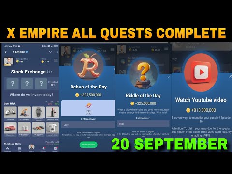 20 September All Quests Code X Empire | Youtube Video Code | Rebus Of The Day | Investment Fund Card