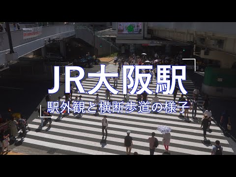 JR大阪駅の外観と、駅近くの横断歩道を渡る人の様子[4K]