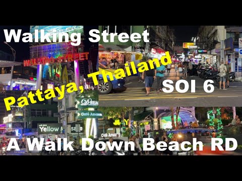 Beach Road, Pattaya, Thailand. Night Walk from Walking Street Past Soi 6 to Terminal 21 Curve