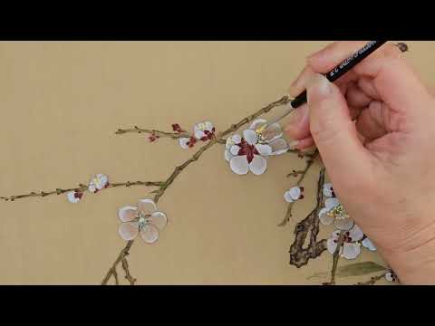 The White Plum Blossoms - Victoria's Latest Gongbi Painting on Antique Colored Silk