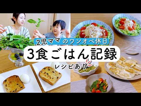 ワンオペ2児ママの休日3食献立！【1日の食事】【簡単レシピ】ぶどうパン/ツナマヨ素麺/餃子/モロヘイヤの副菜