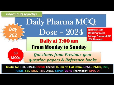 Day 262 Daily Pharma MCQ Dose Series 2024 II 50 MCQs II #exitexam #pharmacist #rrbpharmacist  #dsssb