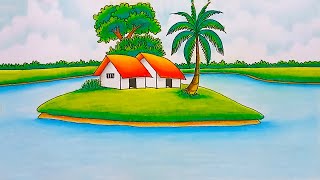 How to draw easy scenery drawing beautiful landscape village scenery| Indian village drawing easy