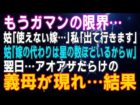 【スカッとする話】もうガマンの限界…姑「使えない嫁…」私「出て行きます」姑「嫁の代わりは星の数ほどいるからｗ」翌日…アオアザだらけの義母が現れ…結果