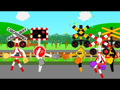 Various shapes of railroad crossings play rock-paper-scissors and have a fun parade