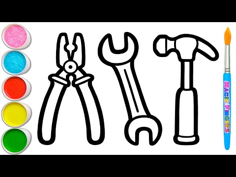 Pliers, Wrench, Hammer and 4 More Toy Hand Tools Drawing, Painting and Coloring for Kids #375