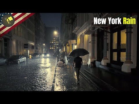 First  Weather Alert : Flash flood Heavy Rain in NYC , Walking 4K Virtual Tour in Manhattan,