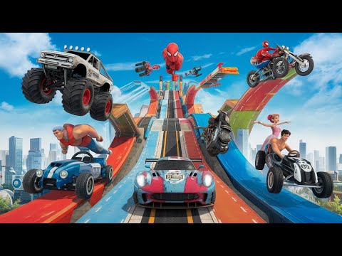 High-Flying Mega Ramp Stunts! Racing Cars, Buggies, and Superheroes Unite! #GamingVideo #CarGames