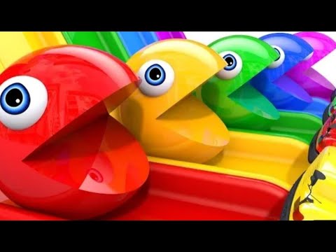 Learn Colors With PACMAN VS School Bus Farm Magic Slide And Surprise Street Vehicles For Kids