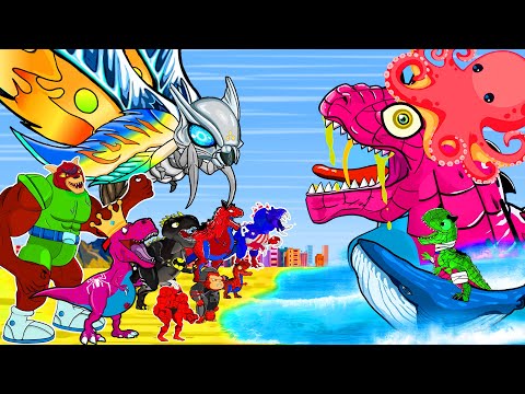 Various Godzilla Dinosaur Saves: Tyrannosaurus & Velociraptor, T-REX Kong AWESOME Cartoon Animation!