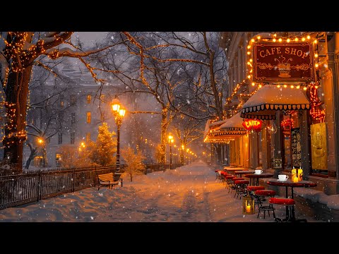 Relaxing Jazz Instrumental - Cozy Outdoor Coffee Ambience and Gentle Snow for Relaxation and Focus