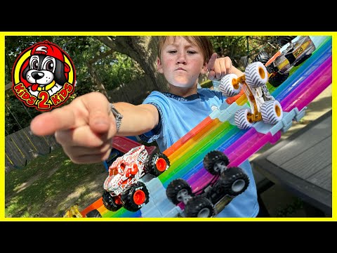 KIDS PLAY-ALONG | BUILD WITH CALEB A MONSTER TRUCK RACE TRACK ONTO HIS TRAMPOLINE