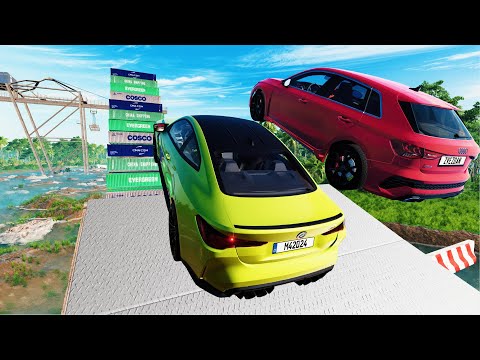 Cars Vs River Mega High Container  Jump Test #11 - Speed Car Crash -  BeamNG Drive