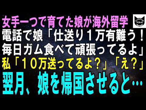 【スカッとする話】女手一つで育てた娘が海外留学。電話で娘「仕送り1万有難う！毎日ガム食べて頑張ってるよ」私「毎月10万送ってるよ？」娘「え？」翌月、娘を帰国させると…【修羅場】